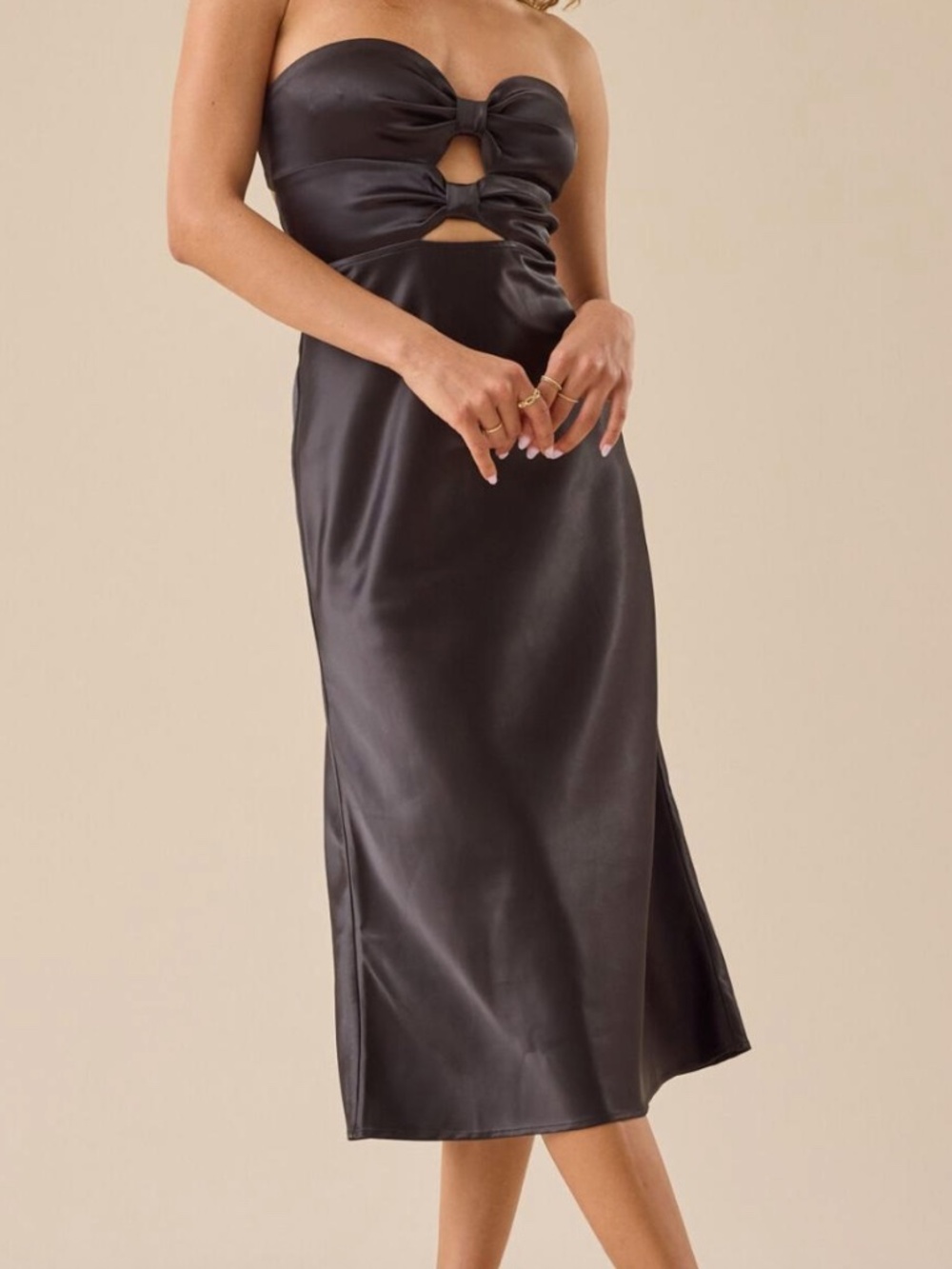 Altar'd State Black Satin Strapless Cutout Midi Dress